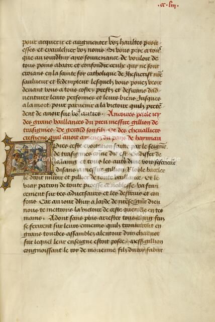 Initial A: Gillion and His Son Gerard Defeating a Muslim Army; Roman de Gillion de Trazegnies, 1464. Creators: Lieven van Lathem, David Aubert.
