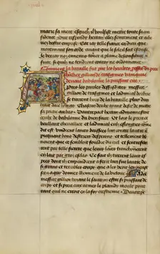 Initial A: Gillion Defeating the Army of the Emir of Orbrie; Roman de Gillion de Trazegnies, 1464. Creators: Lieven van Lathem, David Aubert