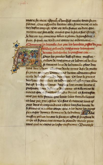 Initial A: Gillion Defeating the Army of the Emir of Orbrie; Roman de Gillion de Trazegnies, 1464. Creators: Lieven van Lathem, David Aubert.