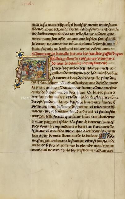 Initial A: Gillion Defeating the Army of the Emir of Orbrie; Roman de Gillion de Trazegnies, 1464. Creators: Lieven van Lathem, David Aubert.