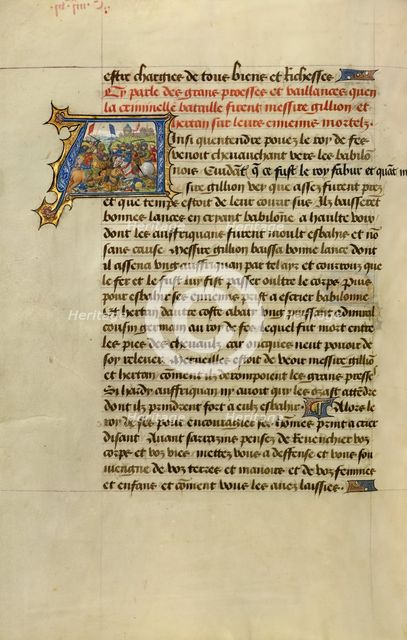 Initial A: Gillion Defeating the King of Fez; Roman de Gillion de Trazegnies, 1464. Creators: Lieven van Lathem, David Aubert.