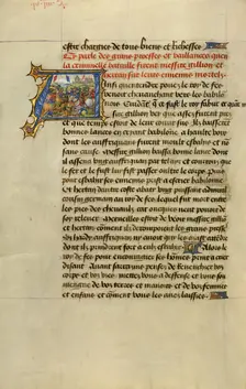 Initial A: Gillion Defeating the King of Fez; Roman de Gillion de Trazegnies, 1464. Creators: Lieven van Lathem, David Aubert