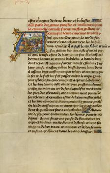 Initial A: Gillion Defeating the King of Fez; Roman de Gillion de Trazegnies, 1464. Creators: Lieven van Lathem, David Aubert