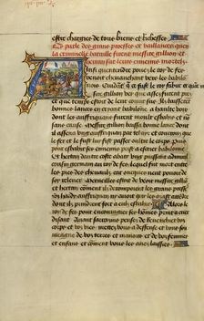 Initial A: Gillion Defeating the King of Fez; Roman de Gillion de Trazegnies, 1464. Creators: Lieven van Lathem, David Aubert