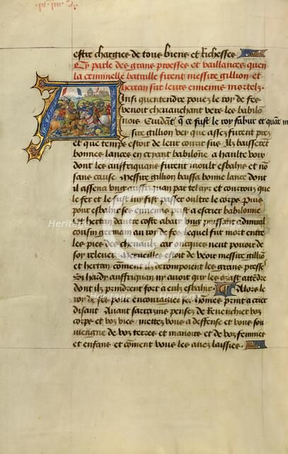 Initial A: Gillion Defeating the King of Fez; Roman de Gillion de Trazegnies, 1464. Creators: Lieven van Lathem, David Aubert.