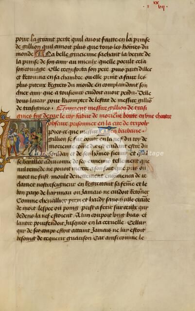 Initial A: Gillion Dragged to Prison in Tripoli; Roman de Gillion de Trazegnies, 1464. Creators: Lieven van Lathem, David Aubert.