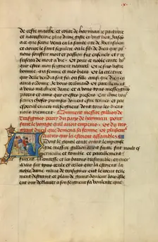 Initial A: Gillion Taking Leave of His Wife Marie; Roman de Gillion de Trazegnies, 1464. Creators: Lieven van Lathem, David Aubert