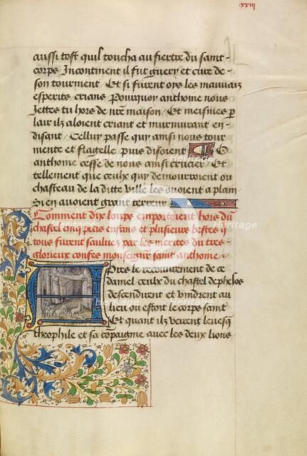 Initial A: Saint Anthony Saving Five Children from Wolves, about 1465-1470. Creators: Master of the Brussels Romuléon, Workshop of the Master of the Brussels Romuléon.