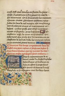 Initial A: Saint Anthony Saving Five Children from Wolves, about 1465-1470. Creators: Master of the Brussels Romuléon, Workshop of the Master of the Brussels Romuléon