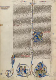 Initial A: Saint John Sleeping and Angel with a Trumpet; Abbey Bible about 1250-1262. Creator: Unknown