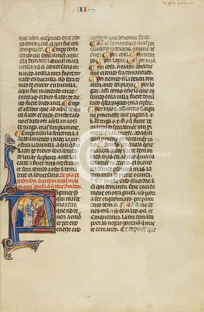 Initial A: Two Men and a Judge before an Altar; Vidal Mayor, about 1290-1310. Creator: Unknown.