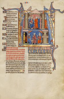Initial A: Two Men before a King and A Man Speaking to a Family; Vidal Mayor, about 1290-1310. Creators: Unknown, Michael Lupi de Çandiu