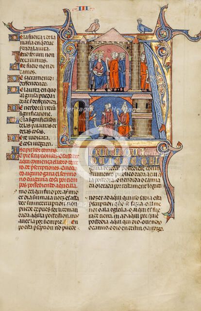 Initial A: Two Men before a King and A Man Speaking to a Family; Vidal Mayor, about 1290-1310. Creators: Unknown, Michael Lupi de Çandiu.