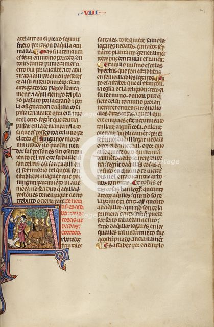Initial A: Two Men Hunting Stag; Vidal Mayor, about 1290-1310. Creator: Unknown.