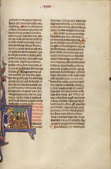 Initial A: Two Men Hunting Stag; Vidal Mayor, about 1290-1310. Creator: Unknown