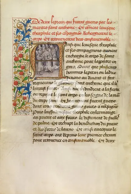 Initial A: The Body of Saint Anthony Transported to Constantinople and the Healing..., about 1465-70 Creators: Master of the Brussels Romuléon, Workshop of the Master of the Brussels Romuléon.