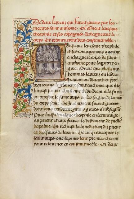Initial A: The Body of Saint Anthony Transported to Constantinople and the Healing..., about 1465-70 Creators: Master of the Brussels Romuléon, Workshop of the Master of the Brussels Romuléon.
