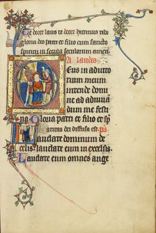 Initial A: The Mocking of Christ: Initial L: Two Men Holding Scrolls; Ruskin Hours, about 1300. Creator: Unknown
