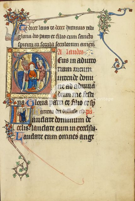 Initial A: The Mocking of Christ: Initial L: Two Men Holding Scrolls; Ruskin Hours, about 1300. Creator: Unknown.
