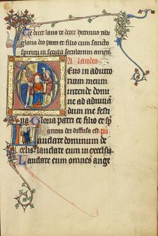 Initial A: The Mocking of Christ: Initial L: Two Men Holding Scrolls; Ruskin Hours, about 1300. Creator: Unknown