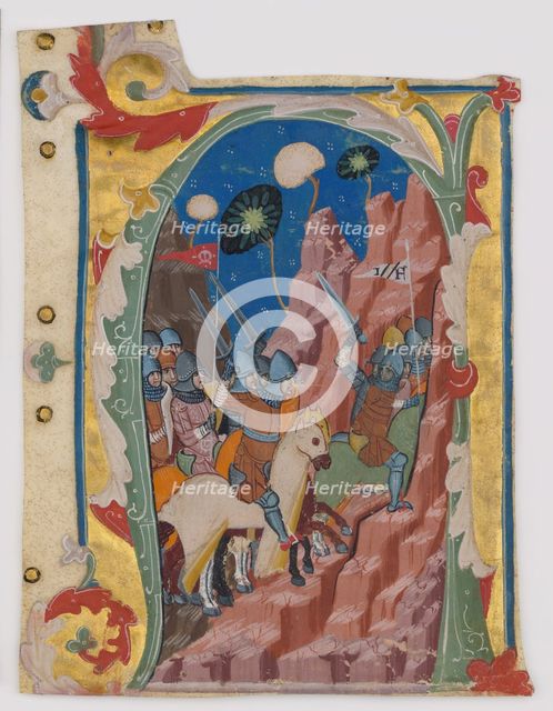 Initial A with the Battle of the Maccabees, Italian, ca. 1360-70. Creator: Unknown.