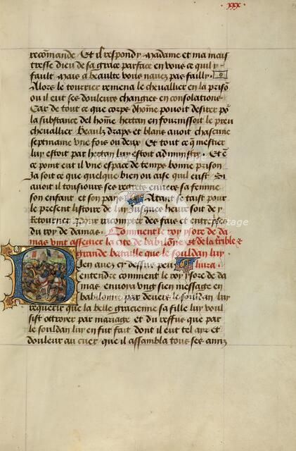 Initial B: A Battle before the Walls of Cairo; Roman de Gillion de Trazegnies, 1464. Creators: Lieven van Lathem, David Aubert.