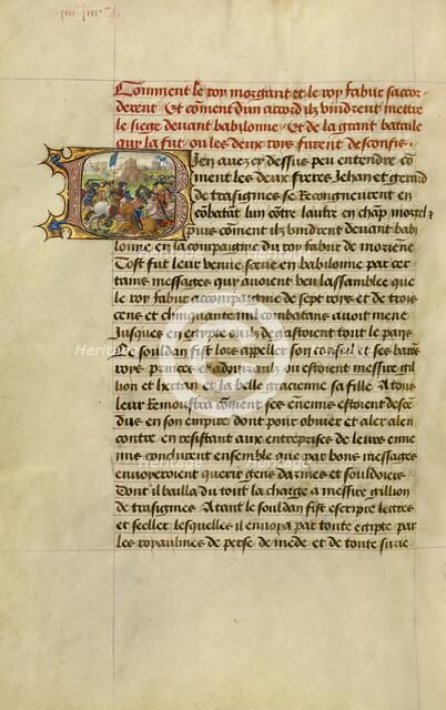 Initial B: A Battle Scene; Roman de Gillion de Trazegnies, 1464. Creators: Lieven van Lathem, David Aubert.