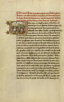 Initial B: A Battle Scene; Roman de Gillion de Trazegnies, 1464. Creators: Lieven van Lathem, David Aubert