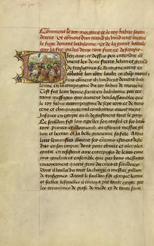 Initial B: A Battle Scene; Roman de Gillion de Trazegnies, 1464. Creators: Lieven van Lathem, David Aubert