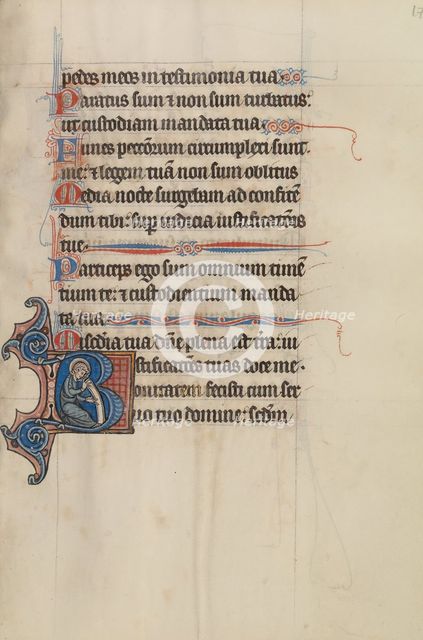 Initial B: A Saint Holding a Scroll; Bute Psalter, text and illumination about 1285. Creator: Bute Master.