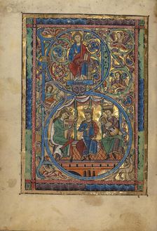 Initial B: Christ in Majesty and David with Musicians; Psalter, about 1240-1250. Creator: Unknown