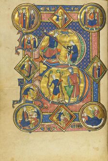 Initial B: David Playing the Harp and David and Goliath; Wenceslaus Psalter, about 1250-1260. Creator: Unknown