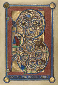 Initial B: David Playing the Harp; Bute Psalter, (replacement leaf, late 19th century?). Creator: Unknown