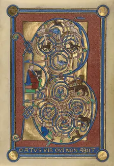 Initial B: David Playing the Harp; Bute Psalter, (replacement leaf, late 19th century?). Creator: Unknown