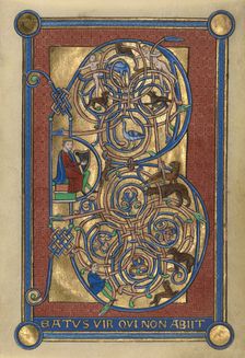 Initial B: David Playing the Harp; Bute Psalter, (replacement leaf, late 19th century?). Creator: Unknown