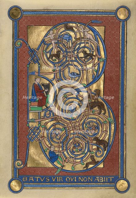 Initial B: David Playing the Harp; Bute Psalter, (replacement leaf, late 19th century?). Creator: Unknown.