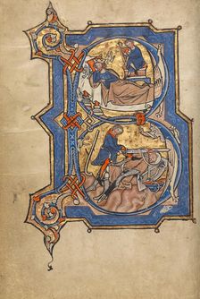 Initial B: David Playing the Harp for Saul, and David and Goliath; Psalter, mid-1200s. Creator: Unknown