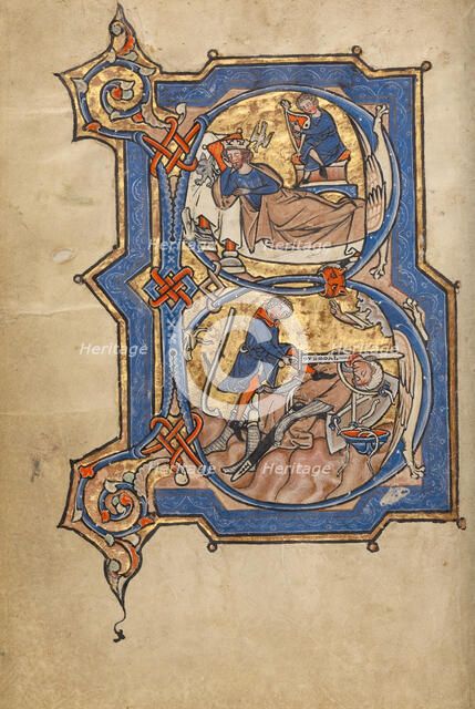 Initial B: David Playing the Harp for Saul, and David and Goliath; Psalter, mid-1200s. Creator: Unknown.