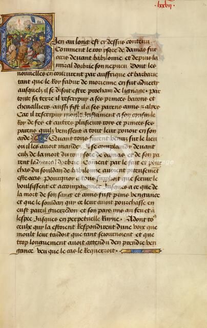 Initial B: Gillion Defeating the Emir of Tripoli; Roman de Gillion de Trazegnies, 1464. Creators: Lieven van Lathem, David Aubert.