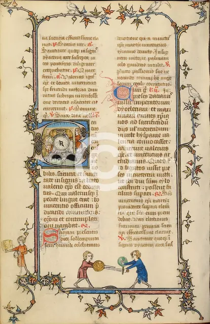 Initial B: Vincent Tied to a Millstone and Thrown into the Water; Breviary, about 1320-1325. Creator: Unknown.
