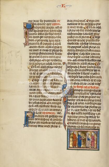 Initial C: A Judge and a Monk Speaking with an Attorney and Clients; Vidal Mayor, about 1290-1310. Creator: Unknown.