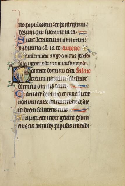 Initial C: A Monk, possibly Franciscan, Preaching from a Pulpit; Ruskin Hours, about 1300. Creator: Unknown.