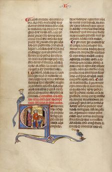 Initial C: A Man Greeting another Man with Two Sons and a Horse; Vidal Mayor, about 1290-1310. Creator: Unknown
