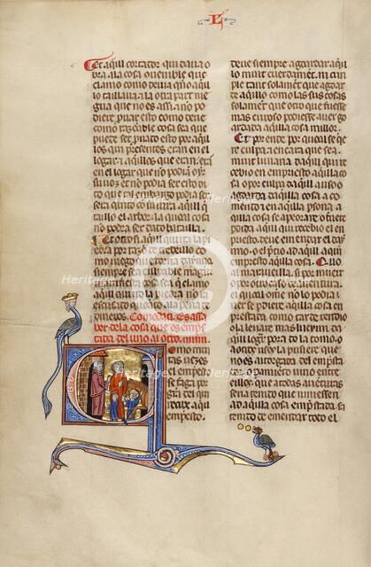 Initial C: A Man Greeting another Man with Two Sons and a Horse; Vidal Mayor, about 1290-1310. Creator: Unknown.