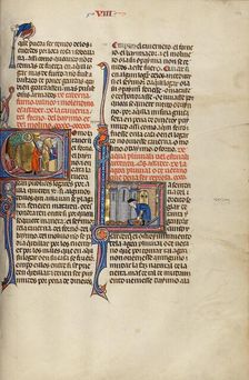 Initial C: A Wounded Man Lying under a Tree and a Man with a Sword Speaking..., about 1290-1310. Creator: Unknown