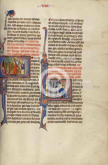 Initial C: A Wounded Man Lying under a Tree and a Man with a Sword Speaking..., about 1290-1310. Creator: Unknown.