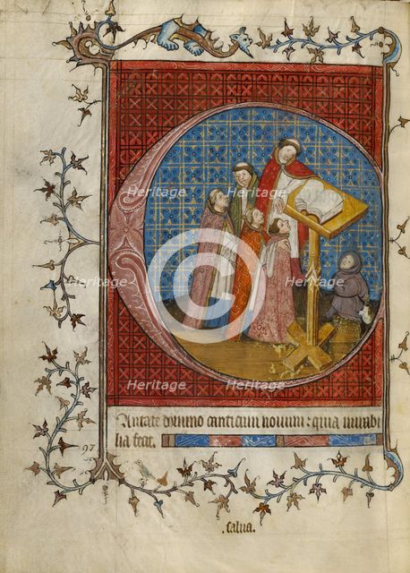 Initial C: Clerics Singing from a Choir Book; Psalter, about 1390. Creator: Unknown.
