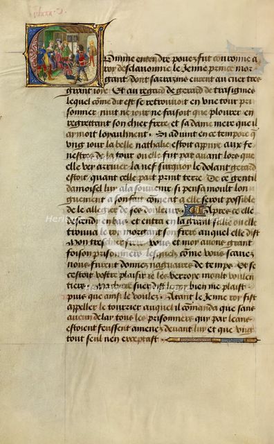 Initial C: Gillion's Son Gerard Kneeling before King Morgan of the Slavs, 1464. Creators: Lieven van Lathem, David Aubert.