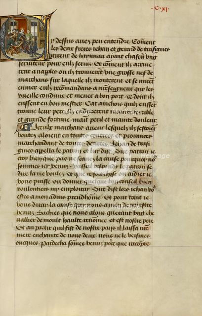 Initial C: Gillion's Sons Kneeling before the King of Cyprus; Roman de Gillion de Trazegnies, 1464. Creators: Lieven van Lathem, David Aubert.