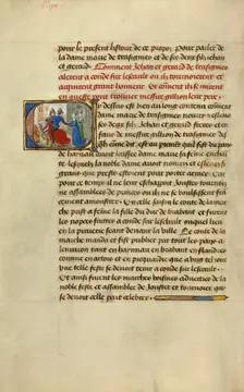 Initial C: Gillion's Sons Taking Leave of Their Mother Marie; Roman de Gillion de Trazegnies, 1464. Creators: Lieven van Lathem, David Aubert